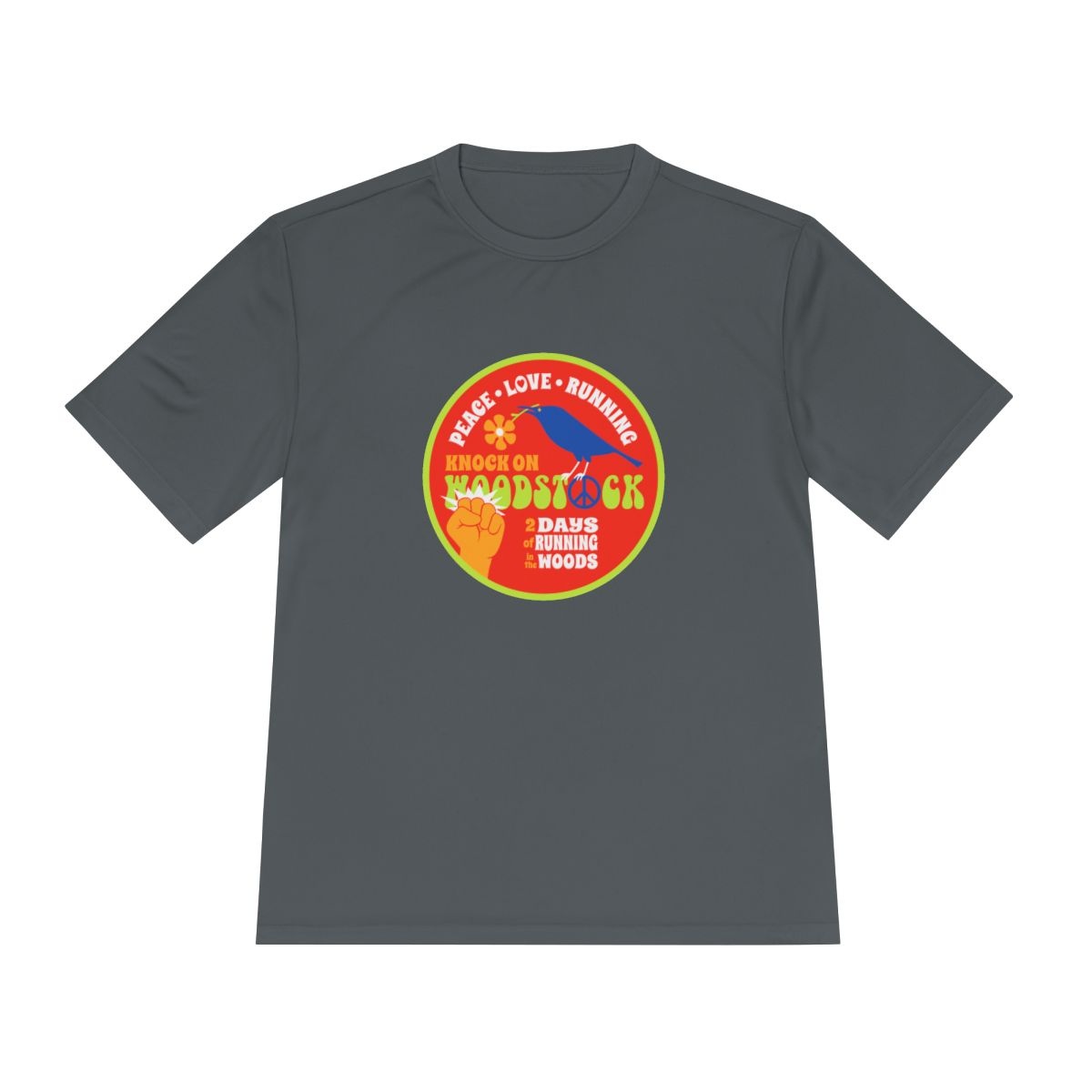 Knock on Woodstock Peace Love Running Performance Tee