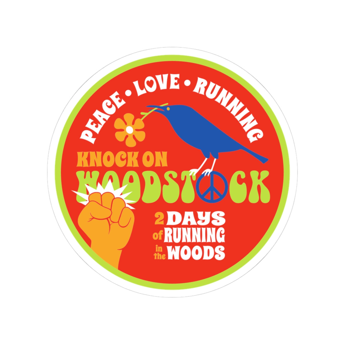 Knock on Woodstock Peace Love Running Sticker